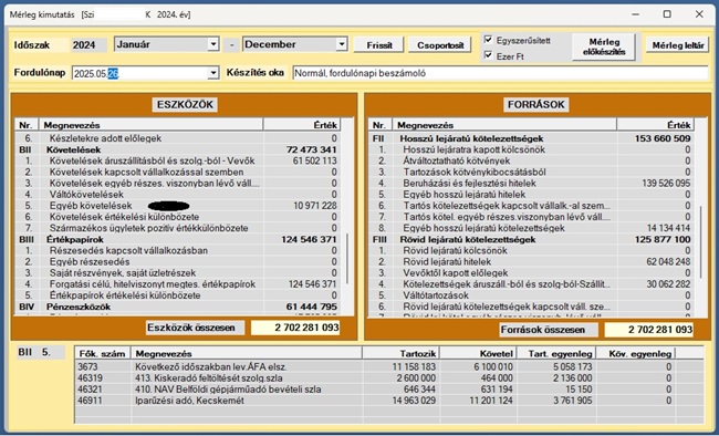 Könyvelő program - Mérleg lekérdezés